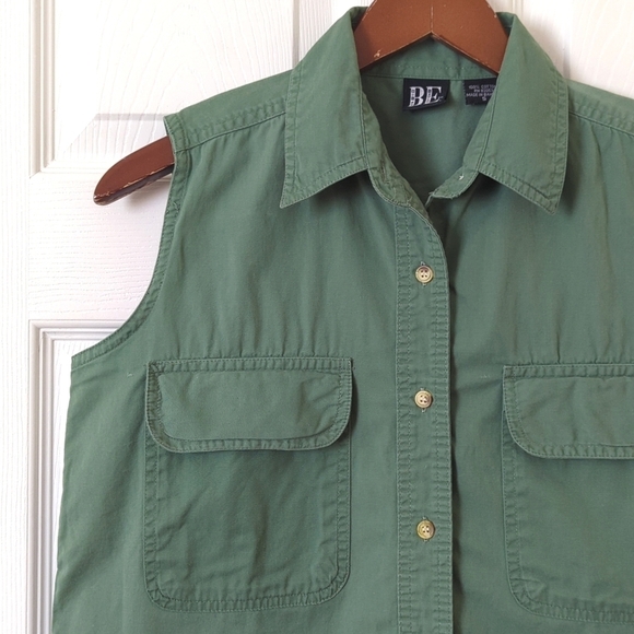 Basic Editions 90's Vintage Classic Sleeveless Button Down Tank Top Sage Green S - Picture 3 of 9
